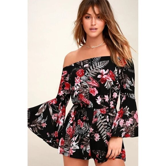 Lulus Pants - Lulus Wildwood Flower Black Tropical Print Off-the-Shoulder Romper Size M
